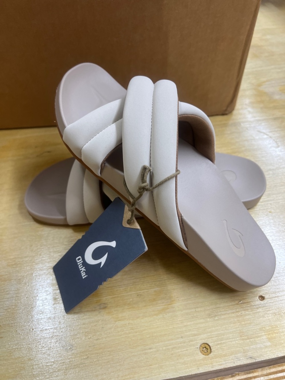 OluKai Women's Taupe and Cream Padded Slide Sandals